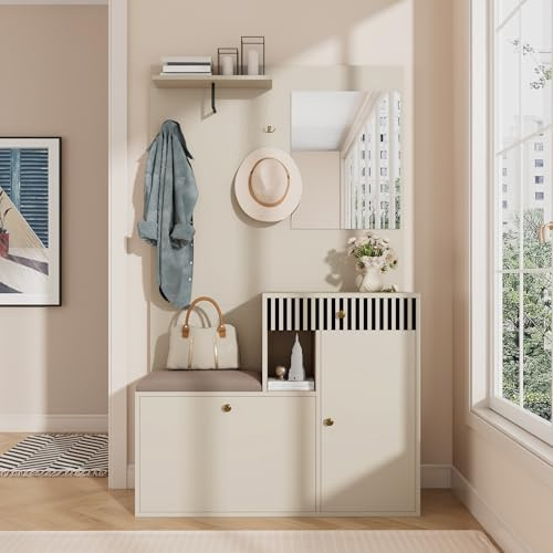 HAUSPROFI Garderobe Set, Flur Garderoben Komplettprogramme mit Spiegel Schuhschrank Sitzbank, Wandgarderobe mit Ablage, Schlafzimmer Garderobenset für Flur (cremefarben, 185.5x110x37cm)