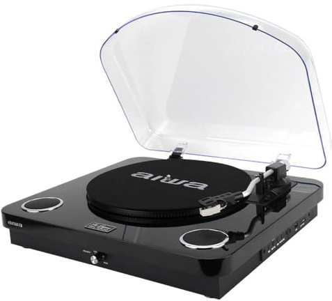 AIWA – Giradischi LPS-25BK | 3 velocità 33/45/78 giri; Bluetooth 5.4; Speaker integrati 2×5W; USB/Audio RCA; Radio FM, Colore Nero