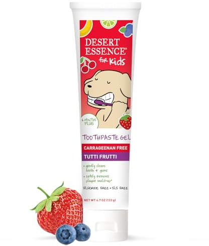 Desert Essence Fluoride-Free Toothpaste Gel for Kids - Tutti Frutti Flavor - Safe for Toddlers and Babies - Gluten-Free, SLS-Free, Non-Fluoride - Safe to Swallow with Xylitol and Aloe, 4.7oz
