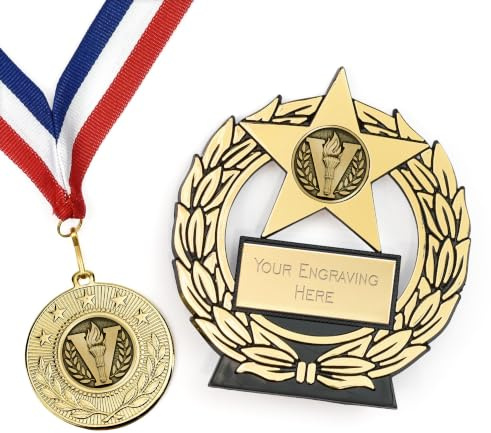 TROPHIESPLUSMEDALS Personalised Gold Mega Star Trophy with Medal, 11.5cm
