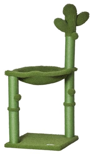 PawHut Albero Tiragraffi per Gatti Adulti e Gattini a Forma di Cactus con Corda Sisal, Palline e Amaca, Altezza 96cm, Verde