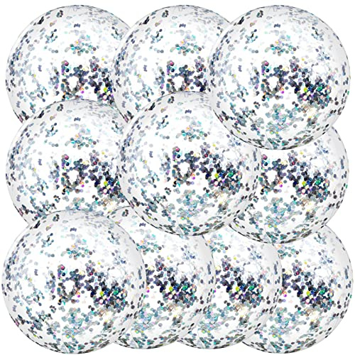 Civaner 10 Pcs Inflatable Glitter Beach Balls 16 Inch Large Sparkly Confetti Pool Balls Clear Blow up Balloon Toys for Wedding Baby Shower Birthday 2026 New Year Party Decoration(Silver,Glitter)