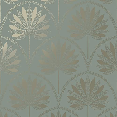 Holden Decor Palm Print Glistening Wallpaper - Modern Metallic Wallpaper for Living Room, Bedroom, Fireplace - Decorative Luxury Tropical Wall Paper with Large Palm Leaves (Blue/Gold)
