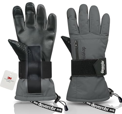 devembr Skihandschuhe mit Handgelenkschützern, Warme Snowboardhandschuhe für Herren und Damen, Grau, L