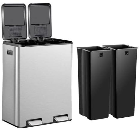SUPER DEAL Kitchen Trash Can 16 Gallon 60L Dual Stainless Steel Garbage and Recycling Can with Foot Pedal for Kitchen, Living Room, Office, Removable Inner Buckets Soft Close Lid Odor Proof, Silver