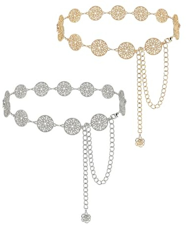 Linkidea Cinturón de Cadena de Talla Grande para Mujer, Paquete de 2 Piezas Redondas Huecas de Cadena de Metal, Cadena Extra Larga para el Cuerpo, Cadena de cinturón Gruesa Ajustable de 59 Pulgadas