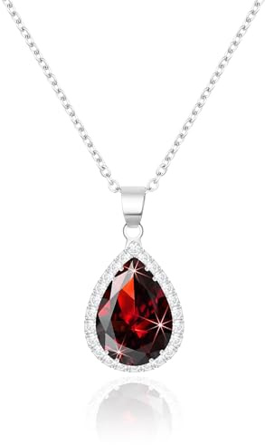 Linawe Silver Chain Necklace, Ruby Crystal Imitation Diamond Necklace for Women Trendy, Red Pendant, Boho Costume Jewellery Cubic Zirconia Birthstone Rhinestone Set