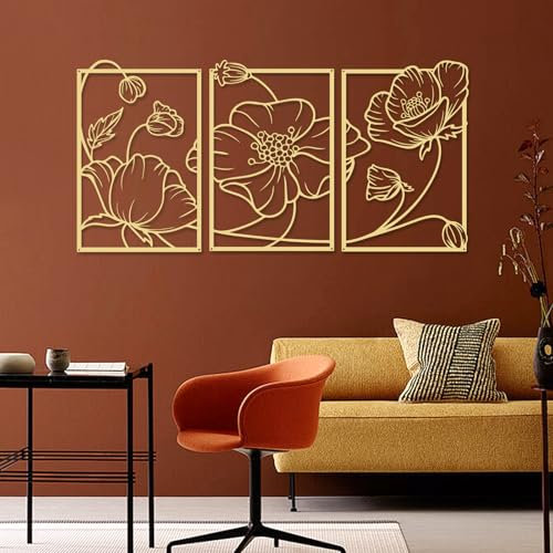 YiYa 3 Stück Wanddeko aus Metall Metall Blume Wand Dekor Floral Line Wandskulptur Goldene Wanddekoration Minimalist Line Art für Zuhause Wohnzimmer Schlafzimmer