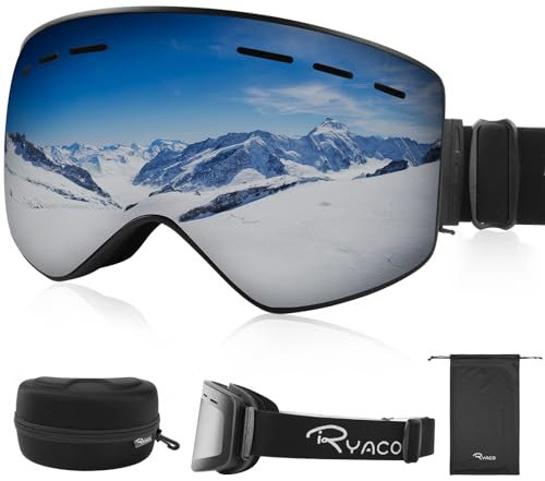 Ryaco Skibrille mit Magnetische Linse, Anti-Nebel OTG Snowboard Brille für Brillenträger, UV-Schutz, Hochauflösende Schneesportbrille für Herren, Damen, Jugendliche, Jungen, Mädchen, Silber