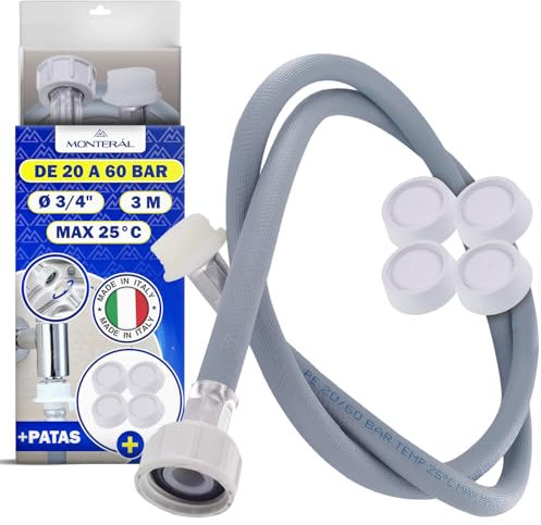 Alargador de Manguera Lavadora y Lavavajillas 3 m para Entrada Agua 25°C Presión de 20 a 60 Bar con Conexión Ø 3/4 - Incluye 4 Soporte Antivibración Lavadora - MADE IN ITALY - MONTERAL