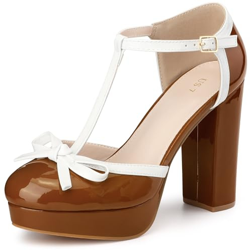 Perphy Women Patent Leather Bow T-Strap Platform Chunky Heels Pumps Brown