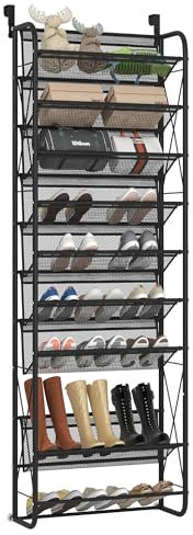 CAGAYA 10-teiliger Schuhregal, über die Tür anbringbarer Schuh-Organizer aus Maschengewebe, X-Struktur, Hosenbügel, Kleiderschrank, Vorratsschrank, hängende Regale für Schuhe (Schwarz, 10 Etagen)