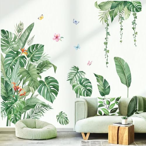 decalmile Large Jungle Leaves Wall Decals Tropical Palm Leaf Plant Wall Stickers for Living Room Sofa TV Background Wall Decor