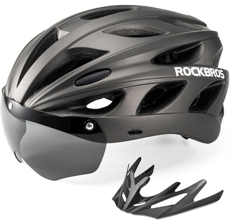 ROCKBROS Casco Bici da Ciclismo Certificato CE, Casco con Visiera Staccabile Lenti Grigie Magnetici per MTB Bicicletta, Donna Ragazzo, Leggero et Protezione, Circonferenza Regolabile 54-58cm, M, Ti