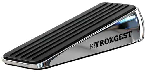 STRONGEST HOME Door Stoppers for Bottom of Door – Heavy Duty Metal Rubber Stopper, Non-Slip Door Stop for Heavy Doors, Works on Wood, Tile & Carpet, Wedge Chrome 1 PC + 1 White Wall Protectors