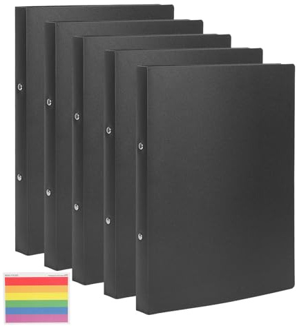5 x Ringbuch A4 Schmal mit 2 Ringen, Rückenetiketten & 2,5 cm Rückenbreite - PP-Ringhefter für Schule, Büro, Dokumente, Unterlagen & Trennregister (Schwarz)