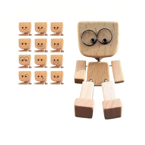 QIANSSE 12 PCS Handmade Shaking Wooden Man Car Dashboard Decor | Bobble Head Ornament with Magnetic Expressions, Cute Wooden Figure Accessory for Car Interior Decor