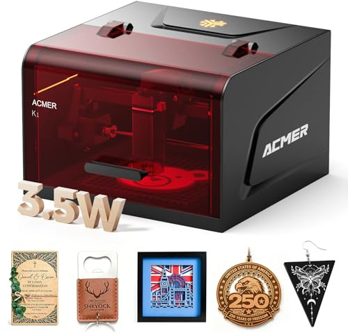 ACMER K1 3,5 W laserfräs, trä, klass 1, sluten lasergravyrmaskin med rökutsugning, 0,01 mm laserskärare med hög precision för gör-det-själv, trä, glas, läder, metall och presenttillverkning
