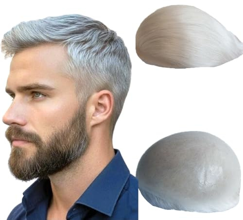 NLW 100% Human Hair Mens Toupee 0.04mm Thin Skin Double Knots Hairpieces for Gentlemen Hair replacement System Man Hair Piece hairs prosthesis units patch implant for men #Gray