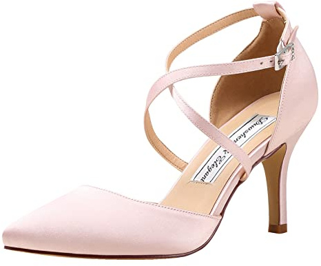 Duosheng & Elegant Women's HC1901 Pointed Toe High Heel Court Cross Strap Satin Wedding Party Bridal Shoes, Blush, 7 UK