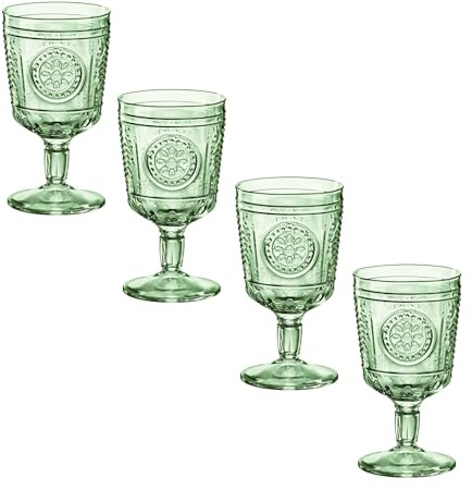 Bormioli Rocco Romantic Set of 4 Stemware Glasses, 10.75 Oz. Colored Crystal Glass, Pastel Green, Made in Italy.