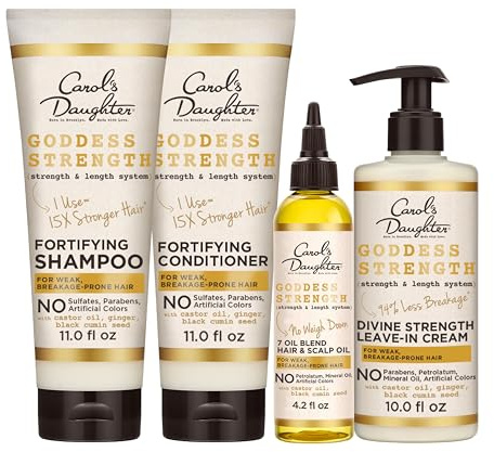 Carol's Daughter Goddess Strength Sulfate Free Shampoo, Hair Conditioner, Leave In Conditioner & Hair Treatment Oil made with Castor Oil (4 Products)
