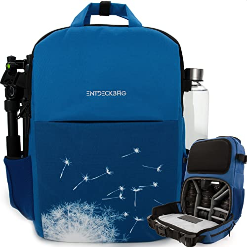 ENTDECKBAG Damen Kamerarucksack Diebstahlsicher [mit Hüftgurt] Stauraum 14” Laptopfach Fotorucksack für Spiegelreflexkamera Kamera Rucksack (Blau Pusteblume)