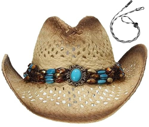 GEMVIE Women Straw Cowgirl Hat Ladies Straw Cowboy hat Beach Sun Hat Roll Brim Summer Cowboy Hats Beige