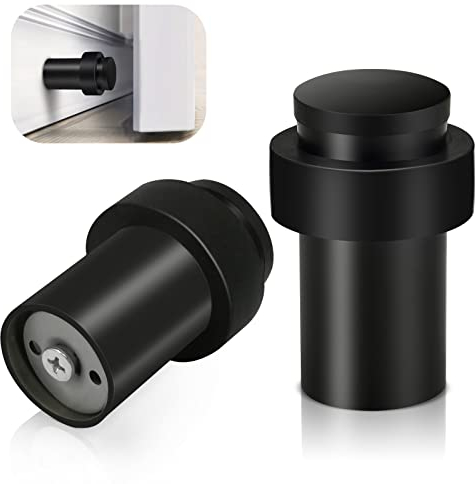 Door Stoppers, Floor Mounted Door Stop Black Heavy Duty Doorstop Stainless Steel Modern Door Stops Bumper Wall Protector Decorative Solid Rubber Tall Floor Door Stopper for Skirtings, 65mm 2 Pack