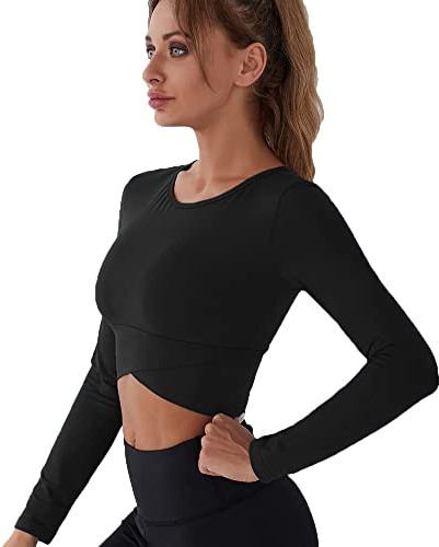 Top Corto Deportivo para Mujer, Manga Larga Cruzado Entrenamiento Atlético para Correr, Camisetas sin Mangas con Orificio para el Pulgar