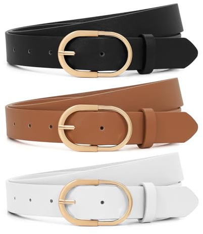 XZQTIVE 3 Pack Women's Leather Belt for Jeans Pants Ladies Fashion Leather Belt for Dresses Shiny Golden Buckle Waist Belt, S