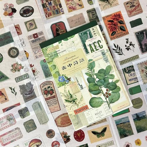 Ta Merry Scrapbook Bullet Journal zubehör Stickers 50 Blatt 430pcs，Aesthetic Washi Sticker Vintage Stickerbuch Erwachsene Zubehör Aesthetic Set für Fotoalbum，Scrapbooking，Journaling（Forest Poetry）