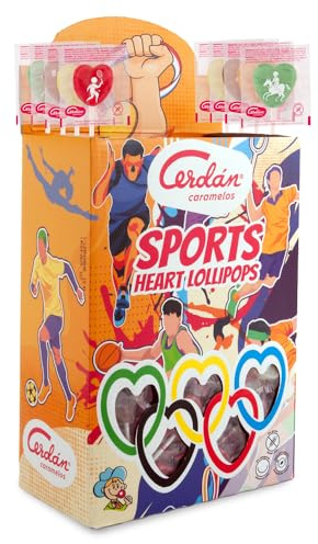 Caramelos Cerdán | Sucette SPORTS Hearts Lollipop | Bonbons aux Saveurs Variées Fruits et Cola | Sans Gluten ni Allergènes | Idéal pour Fêtes, Événements et Anniversaires | Boîte de 200 Unités