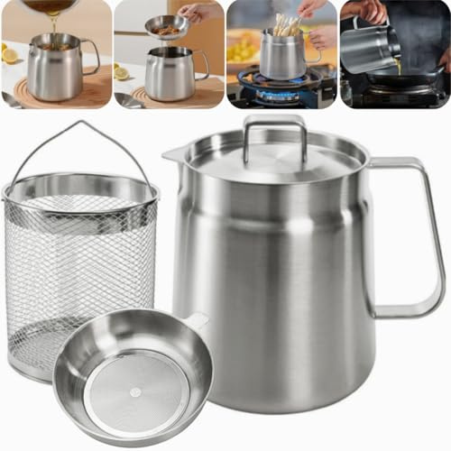 ZAVOOS 68 Oz 304 Stainless Steel Oil Filter Pot with Basket and Strainer