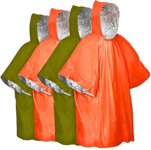 SQAQS 4Pcs Emergency Survival Poncho & Foil Blanket, Thermal Raincoat, for Outdoor, Mountain Climbing, Cycling, Hiking, First Aid, Rainy Days (2 Orange & 2 Green, 100*120cm)