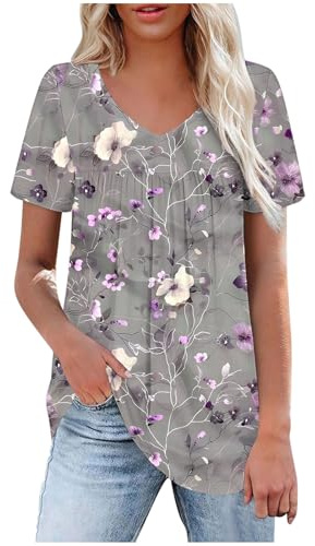 HAOLEI Tunic Tops for Women UK Clearance Elegant Tie Dye Pattern Dressy Top Summer Pleated T-Shirt V-Neck Short Sleeve Tee Shirts Cute Vintage Going Out Blouse Longline Tops for Leggings