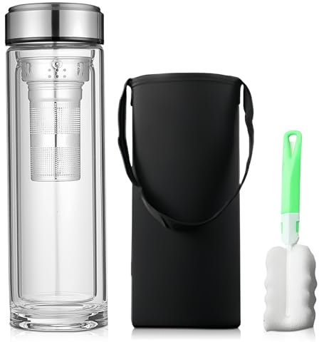 LEKEFETO Botella de té de 1 litro con colador para llevar, botella de cristal de 1 litro con cepillo de limpieza de tazas, botella de té de doble pared para té aromático, té de frutas (con funda para