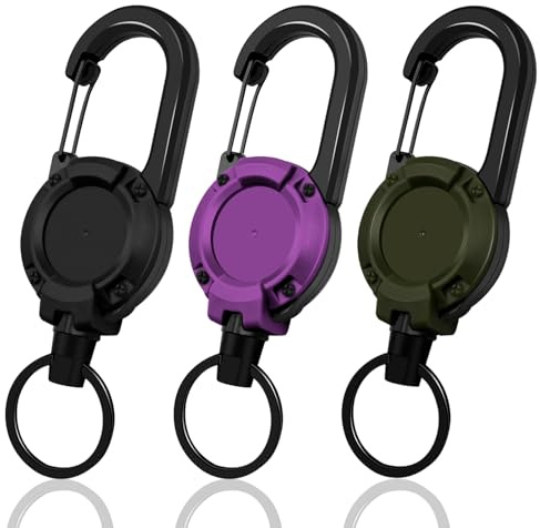 Retractable Keychain 3 Pack, Heavy Duty ID Badge Holder Reel, Multitool Carabine Key Holder for Keychain, Badge Holder with 25.6 Steel Retractable Cord Key Ring Clip, 8.8 oz (Black+Dark Green+Purple)