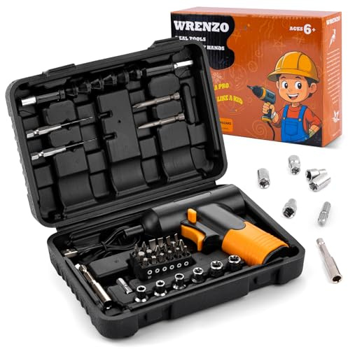 Wrenzo Kids Tool Set, Kids Tool Box, Small Drill, 32pcs Real Toolbox for Child, Drill Set with Charger & Portable Case, Educational DIY Toys for Boys & Girls