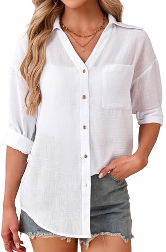 Enmain linneblus damer sommar bomull linne blus damer linneskjorta v-ringad skjorta blus långärmad toppar ledig lätt och luftig damblusar för vardag semester strand resa kontor S–3XL