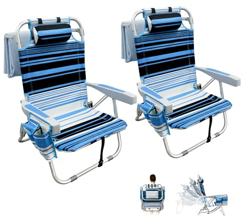 2 Pack Backpack Beach Chair for Adults Blue Stripe