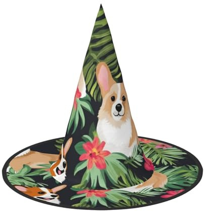 1 chapeau de sorcière d'Halloween à fleurs tropicales et corgi - Chapeau flottant pour homme et femme - Accessoires de costume d'intérieur et d'extérieur - Décorations d'Halloween pour porche, cour