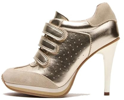 Wnshonzy Sneaker Heels for Women High Heel Gold Suede Leather Tennis Shoes Sport Dressy Round T-Toe Comfort Stiletto Style Fashion Hook&Loop Vintage Platform Y2k