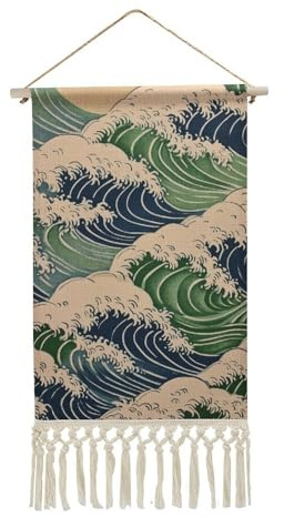 Jubonexis Arazzo da parete in lino, semplici onde giapponesi, verde, beige, blu, poster da parete vintage con nappe e asta in legno