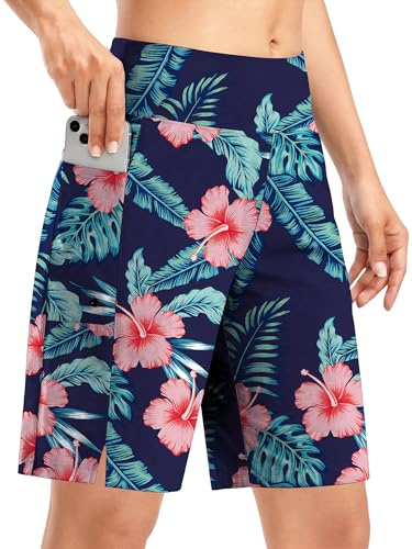 Magritta Swim Shorts Womens High Waist Tummy Control Beach Summer Swimming Board Shorts with Pockets Swimsuit Bottoms for Women Quick Dry UPF 50+ Floral Blue Large, 16-18