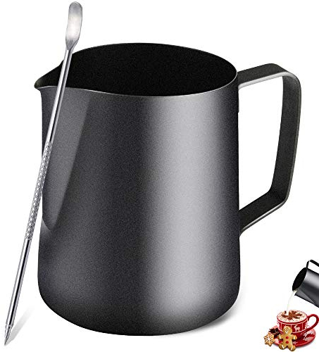 TechKen Pot à Lait en Acier Inoxydable Barista 350ml(12oz) Pichet à Lait Pot pour Le Café la Mousse de Lait Cappuccino et Latte, Noir