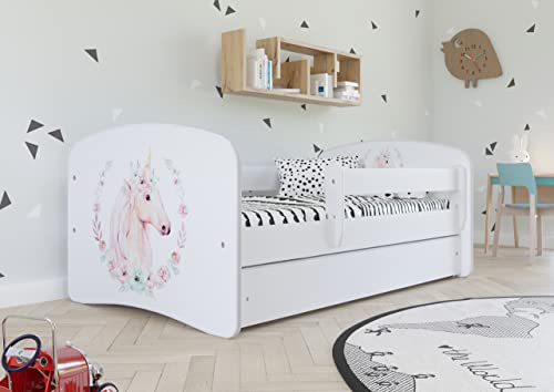 Bjird Kinderbett Jugendbett 70x140 80x160 80x180 Weiß mit Rausfallschutz Schublade und Lattenrost Kinderbetten für Mädchen und Junge - Einhorn 180 cm