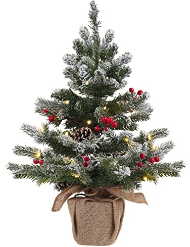 24 Inch 2 FT Pre-lit Snowy Mini Christmas Tree, DECSPAS Small Tabletop Flocked Christmas Tree with 20 LED Lights Red Berries Pine Cones and Cloth Bag Base Xmas Decorations for Holiday Party (Color A)