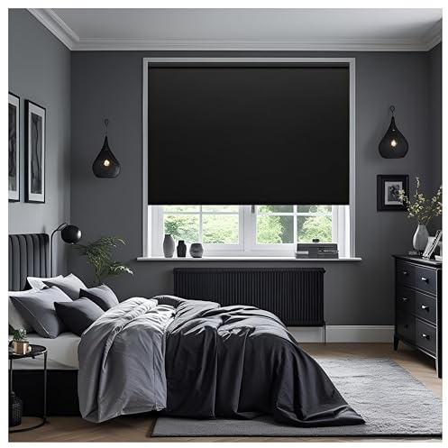 Thermal Insulated Blackout Fabric Roller Blinds, Easy Fit Room Darkening Shades Fittings Included Black (Width 240cm x Length 165cm, Thermal Blackout, Black), BK004