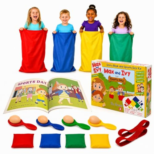 Sports Day Kit – 18-Piece Indoor Outdoor Games Set for Children – 4 Bean Bag Toss, 4 Egg & Spoon Race, 4 Sack Race, 3-Legged Race, Kids Party Games, Carnival Games – Illustrated Storybook Included